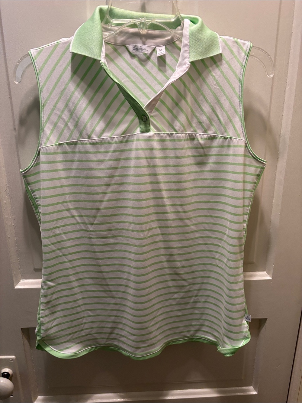 Lady Hagen Sleeveless Polo Tank in Light Green and White Stripes
